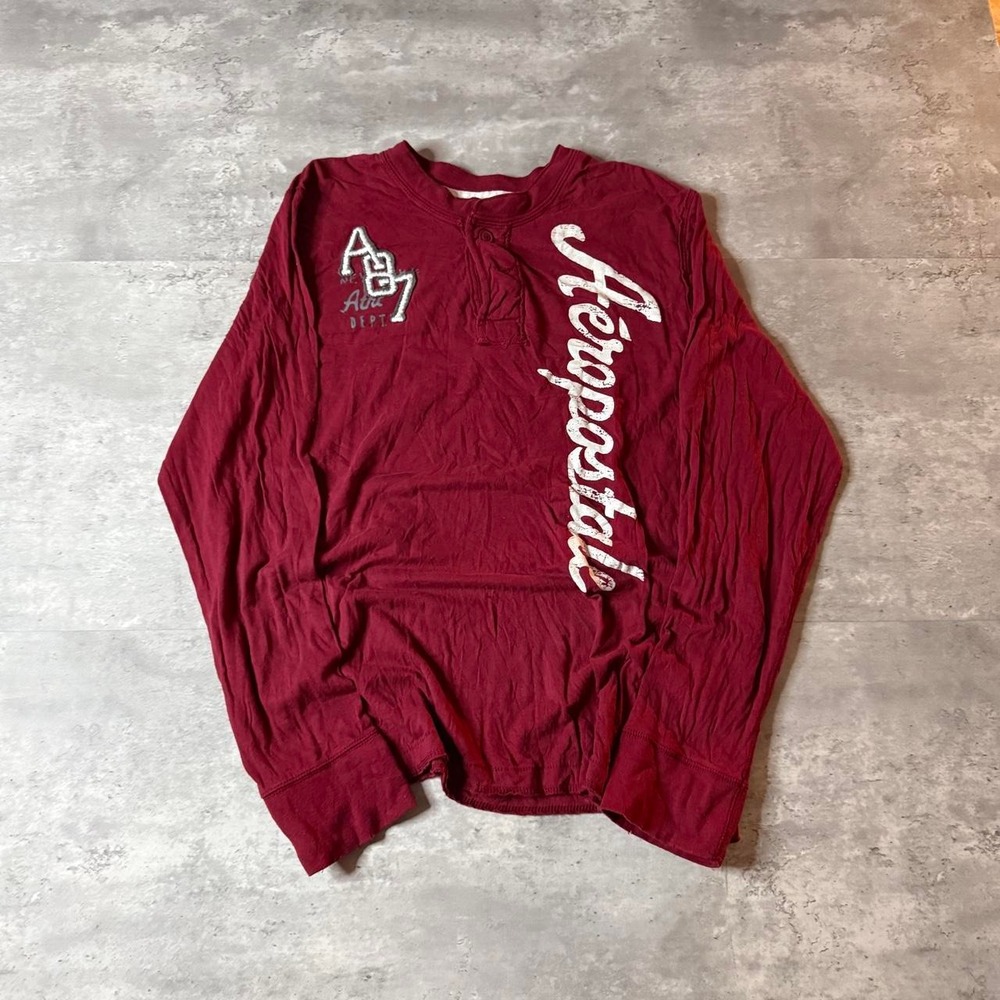 Grunge 2000s Relaxed Henley Burgundy Aeropostale Skater Y2K Sweater